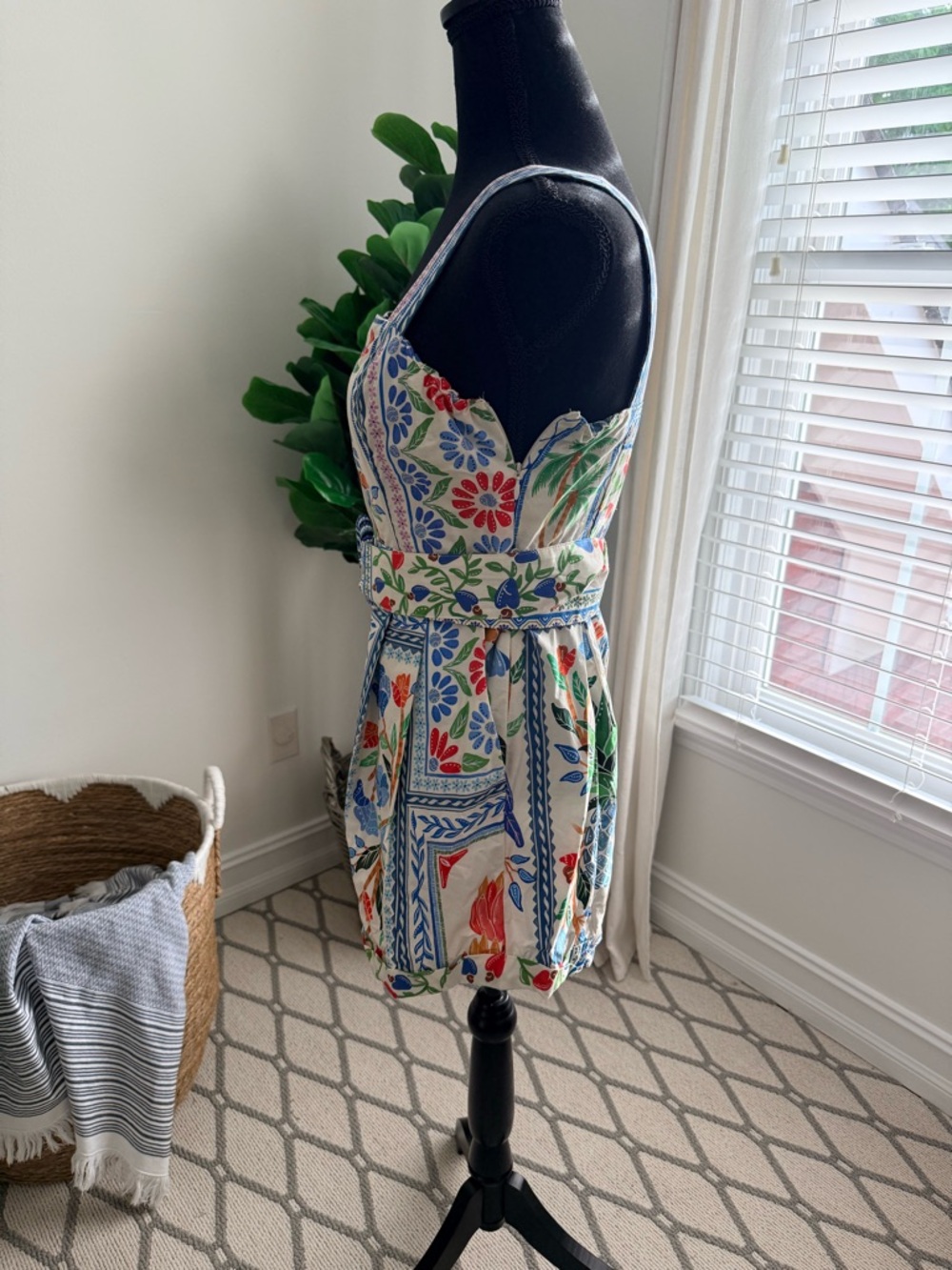 FARM Rio Anthropologie Tropical Parrot Romper with Belt Green & Blue Leaf Print - Picture 5 of 8
